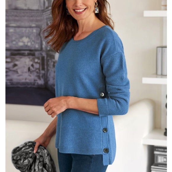 Soft Surroundings - Aisling Cashmere Blue Button Accent Long Sleeve Sweater - 1X - Picture 1 of 10